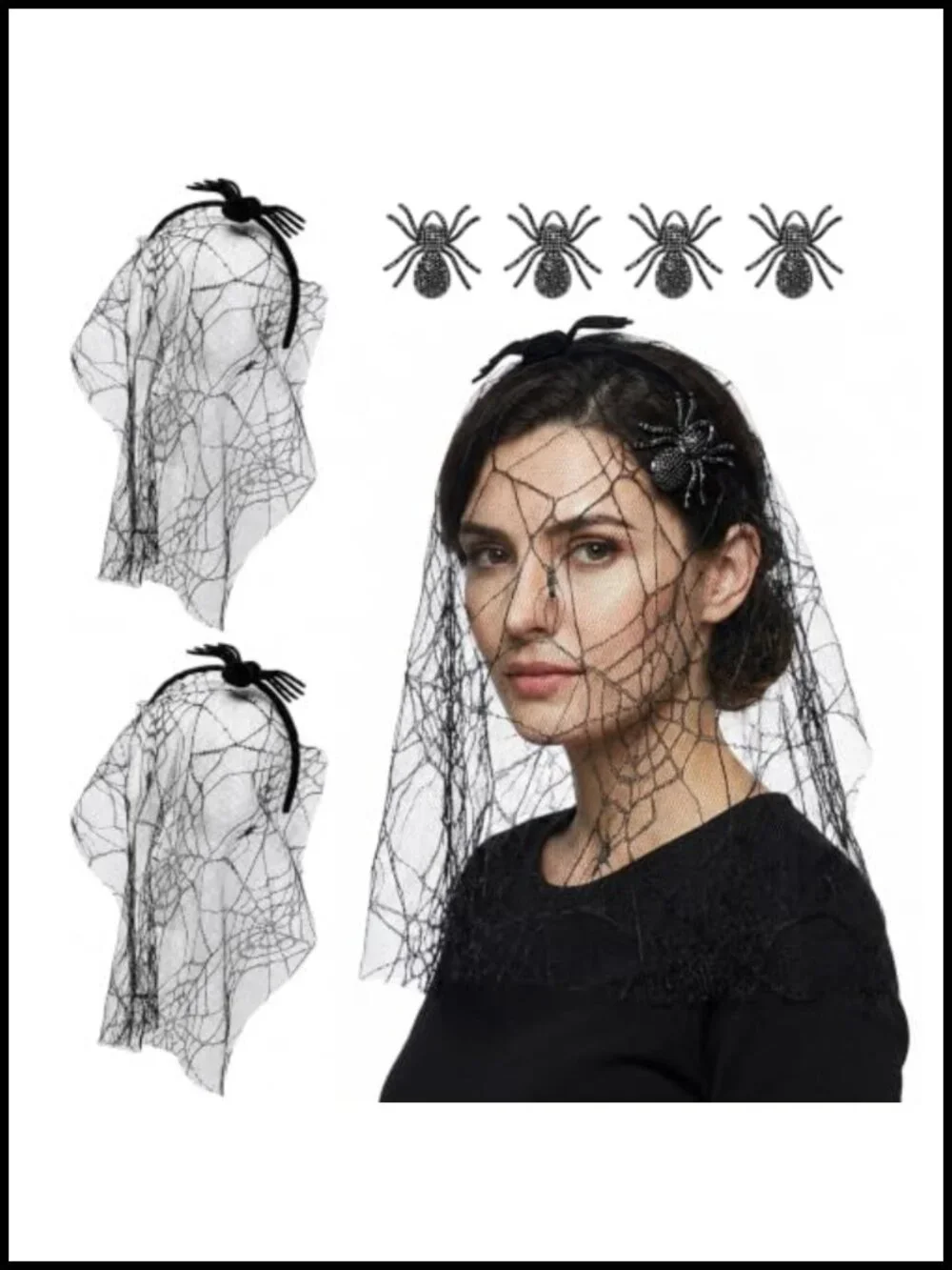Halloween Spider Web Headband Veil Set with Hair Clips - 2 Pack Gothic Costume